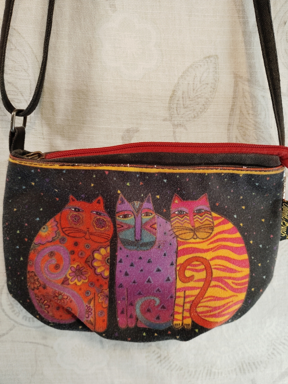 Laurel Burch Black Crossbody Bag with Red, Orange, Purple and Pink Cat Design